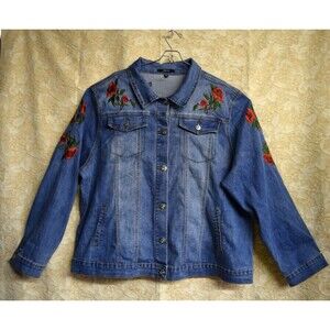 Dkin Womens 3X Plus Size Denim Jean Jacket with Rose Embroidery Floral Stretch